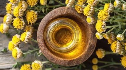 Wall Mural - tansy essential oil in a beautiful bottle on the table