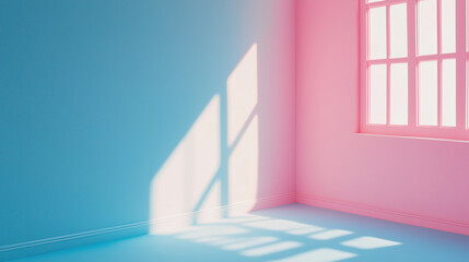 Aufkleber - Sunlight casting geometric shadows in empty room with pink and blue walls