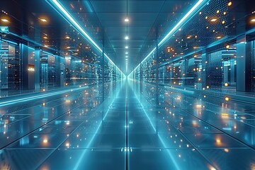 Poster - A long, empty, brightly lit room with a blue ceiling
