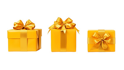 Wall Mural - yellow gift box with gold ribbon isolated on transparent background cutout