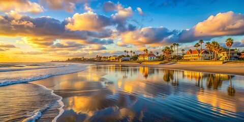 Soft golden light illuminates the tranquil morning scene of Coronado Island's coastline, where calm ocean waters meet the sandy beach under a vibrant sky.