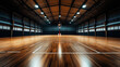 © altitudevisual - Interior of an empty indoor basketball court with a polished wooden floor, lined markings, and a basketball hoop at the center of one end.