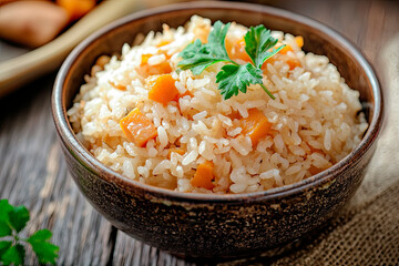 Poster - Japanese mixed rice with sweet potato in bowl on wooden table