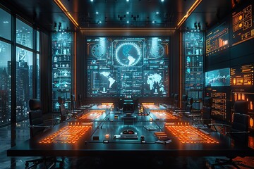 Poster - a computer room with a large monitor and several computer screens