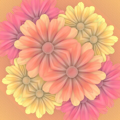 Aufkleber - Colorful arrangement of stylized flowers in shades of pink, yellow and orange. 3d rendering digital illustration