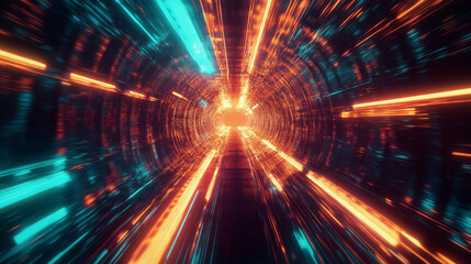 Orange and blue lights traveling through digital tunnel at high speed