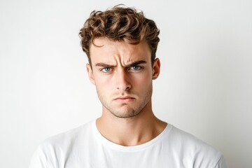 Frustrated young man looking at camera isolated over white background. Studio portrait of male face. A young handsome caucasian man poses for the camera with generative ai