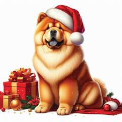 Wall Mural - Cute Christmas Santa Hat Chow Chow Dogs Vector Cartoon illustration white background