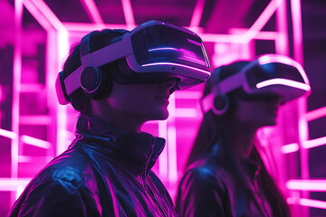 Poster - Two individuals wearing VR headsets in a neon-lit environment.