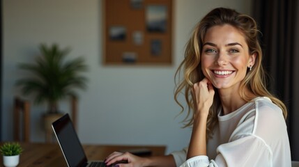 Joyful Woman Working on Laptop