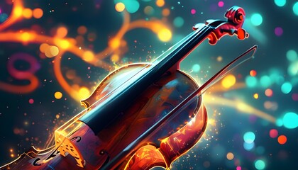 Wall Mural - Illuminated Violin Amidst an Abstract Background of Glow and Light Patterns