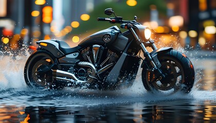 Dynamic motorcycle racing through a rainy cityscape, speed blur creating a sense of exhilaration amidst splashing water and an urban backdrop