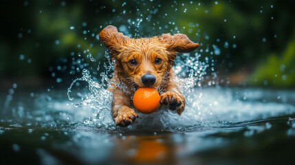 Cute dog playing in swimming pool . funny animal concept .