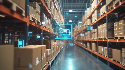 Smart warehouse management system using augmented reality technology to identify package picking and delivery . Future concept of supply chain and logistic business	