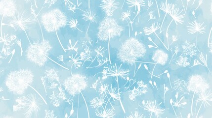 Poster - Hand drawn vector pattern featuring flying dandelion seeds Delicate pastel colors create a repeatable design with white seeds on a light blue background and gray seeds on a light gray layout