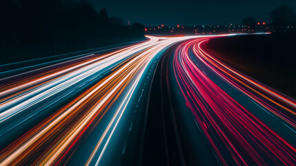 Fototapete - Long exposure of cars driving on highway at night creating light trails
