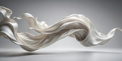 Poster - Abstract White Fabric Flowing in Space, 3D Render, Grey Background, Abstract, Flowing, Fabric