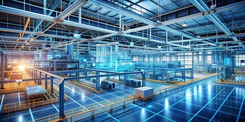 aerial view of industrial building with blue tiled floor, wide angle, daytime, industrial architectu