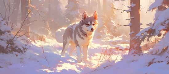 Painting of a dog breed walking through a winter forest A stunning canine with distinctly different colored eyes