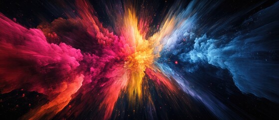 Wall Mural - Abstract explosion in a multicolored fractal design set against a dark backdrop