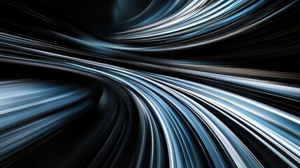 Futuristic design in shades of silver grey and light blue on a black background emphasizing dynamic high speed motion blur