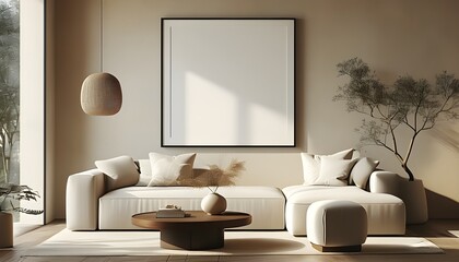 Wall Mural - Cozy Minimalist Living Room Featuring Mock-Up Wall Decor Frame and Comfortable Sofa