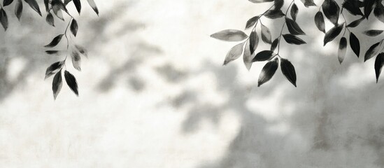 Poster - Overlay painting effect featuring gray leaf shadows on a white wall Abstract blurred background with dappled natural light