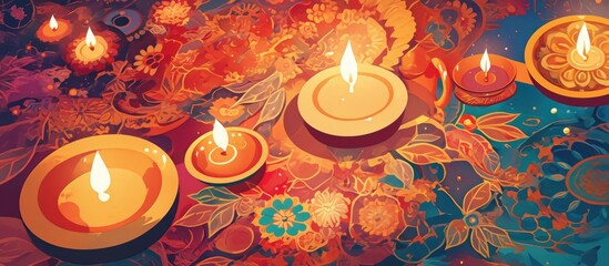 Vibrant painting depicting a festival of lights with lamps and colorful rangoli designs