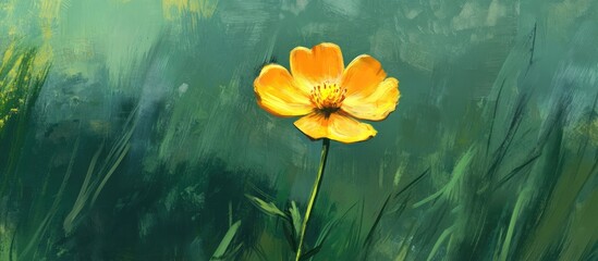 Wall Mural - Painting of a vibrant yellow Buttercup blossom thriving in a lush green meadow