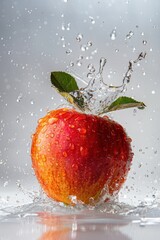 Fresh red ripe apple with water splash