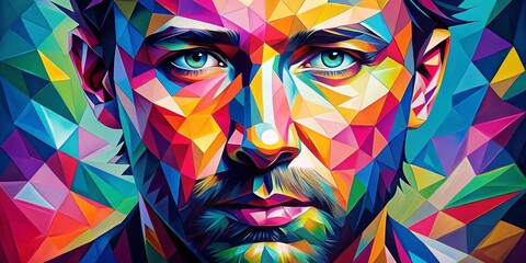 Wall Mural - Geometric Portrait in Vivid Hues, Digital Art, Abstract, Polygonal, Color ,digital art, abstract