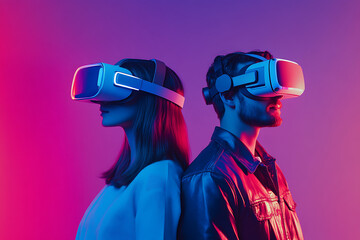Poster - Two individuals wearing VR headsets against a colorful background, exploring virtual worlds.