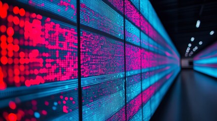 Wall Mural - vibrant led wall displaying dynamic patterns of light in pink and blue hues, creating a futuristic v