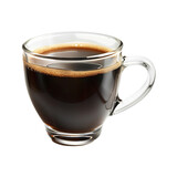 Transparent glass cup is overflowing with dark coffee on a white background