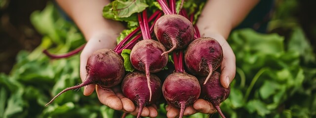 Wall Mural - freshly picked beets in hands. Selective focus