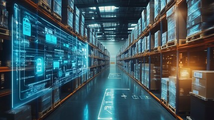 Smart warehouse management system using augmented reality technology to identify package picking and delivery . Future concept of supply chain and logistic business	