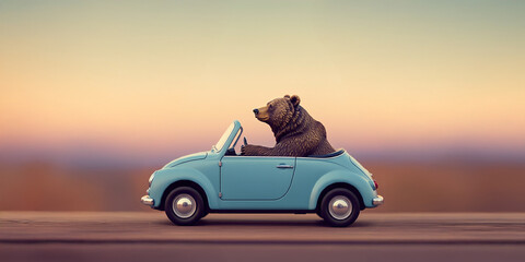 Wall Mural - Adorable Bear Driving a Blue Car, Cute, Colorful & Funny Animal Image