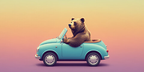 Wall Mural - Adorable Bear Driving a Blue Car, Cute, Colorful & Funny Animal Image