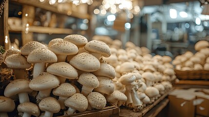 Poster - growing mushrooms on the farm. Selective focus