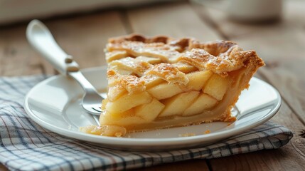 A slice of tasty delicious homemade apple pie in plate on table closeup view