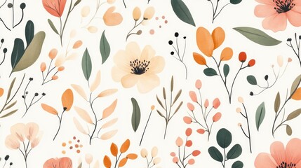 Wall Mural - Seamless Pattern Design Featuring Watercolor Flowers Dried Floral Elements And Green Leaves