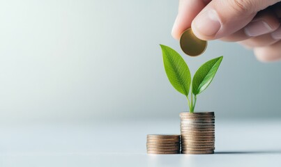 Hand places a coin on growing plants to symbolize investment and growth in financial and environmental sustainability.