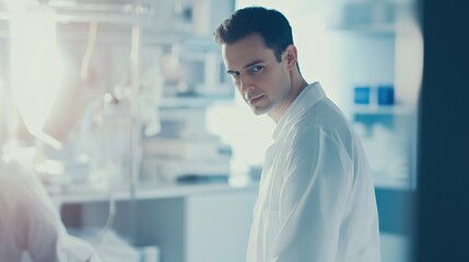 Poster - A scientist examines laboratory equipment while reflecting on a recent experiment during a busy day in the research facility