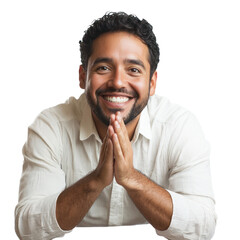 Wall Mural - A man with hands clasped together and a big grin, slightly leaning forward as if sharing good news isolated on transparency background