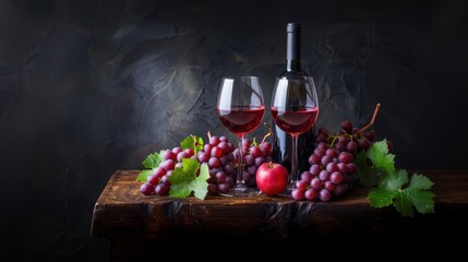 Fresh grape, grape wine bottle and glass