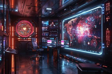 Poster - a futuristic room with a large screen showing a map of the world