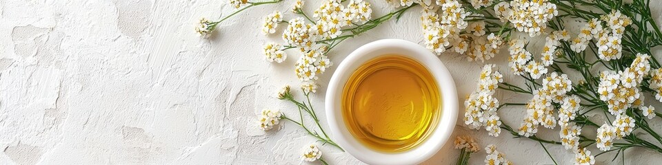 Poster - essential oil and yarrow flowers. Selective focus