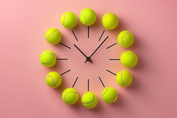 A clock showing twelve bright yellow tennis balls instead of numbers on a pink wall. Tennis time concept.