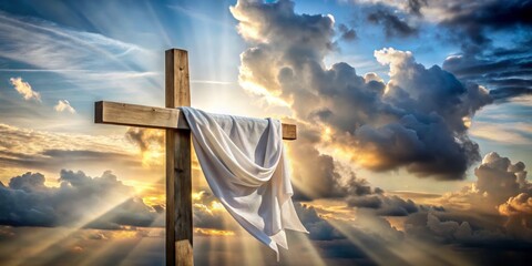 Wooden Cross with White Cloth Against Dramatic Sunset Sky, Christian, Faith, Hope, Resurrection