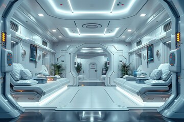 Poster - a futuristic space station with white walls and white beds